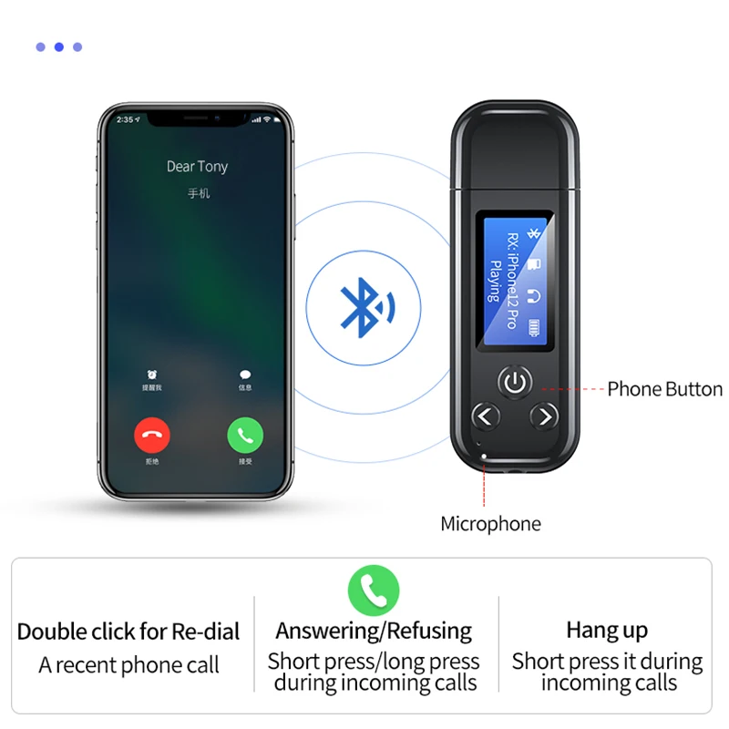 VAORLO LCD 디스플레이 USB 블루투스 5.0 오디오 어댑터, 내장 배터리, 3.5mm RCA USB TF 스테레오 음악, PC TV 자동차 무선 동글