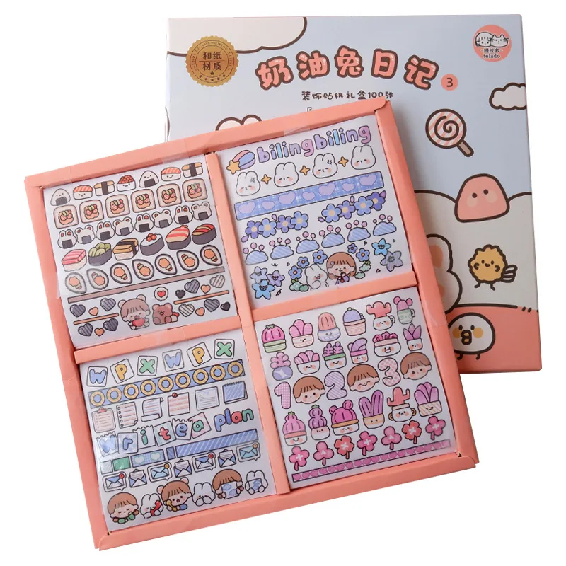 100 Sheets Set Paper Stickers Kawaii Rabbit Cartoon Animal Adhesive DIY Craft Label for Scrapbooking Journal Planner Diary