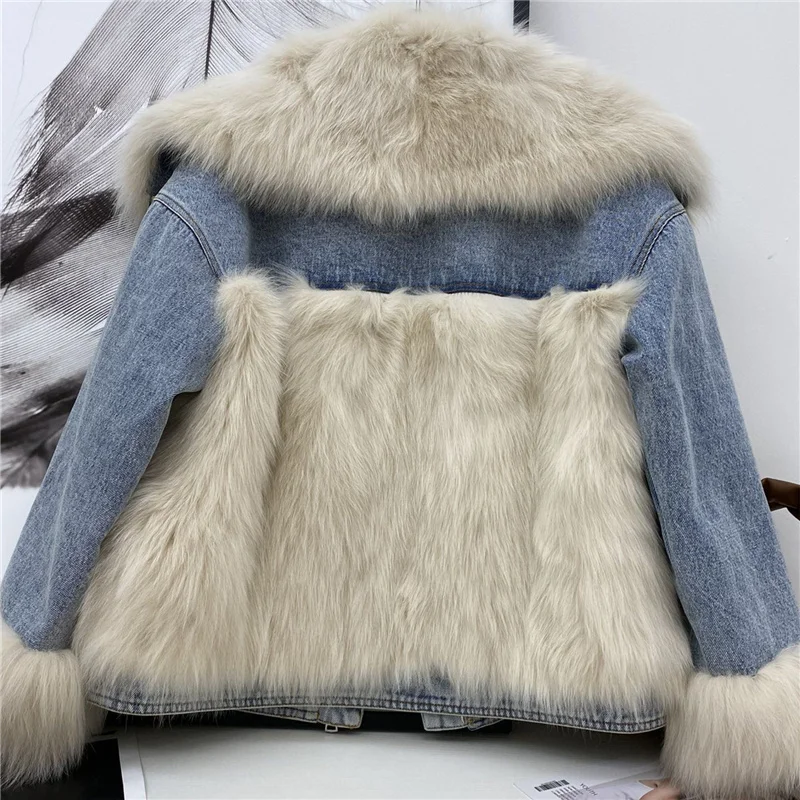 Denim Jacket Parka 90% White Duck Down Filled Winter Thick Warm Women Parkas Real Fox Fur Coat