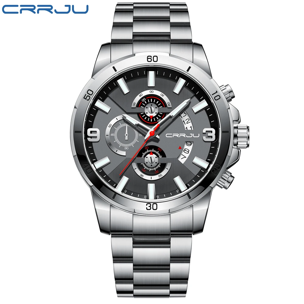 CRRJU Watches for Men Watch Luxury Sports Chronograph Quartz Wristwatch Stainless Steel Waterproof Watch Men relogio masculino