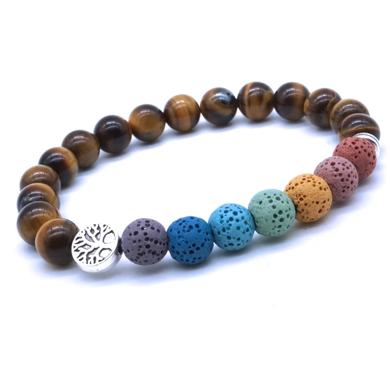 10pcs Tree of Life 8mm Seven Chakras Lava Stone Tiger Eye Beaded Bracelet Essential Oil Diffuser Bracelet Yoga Jewelry