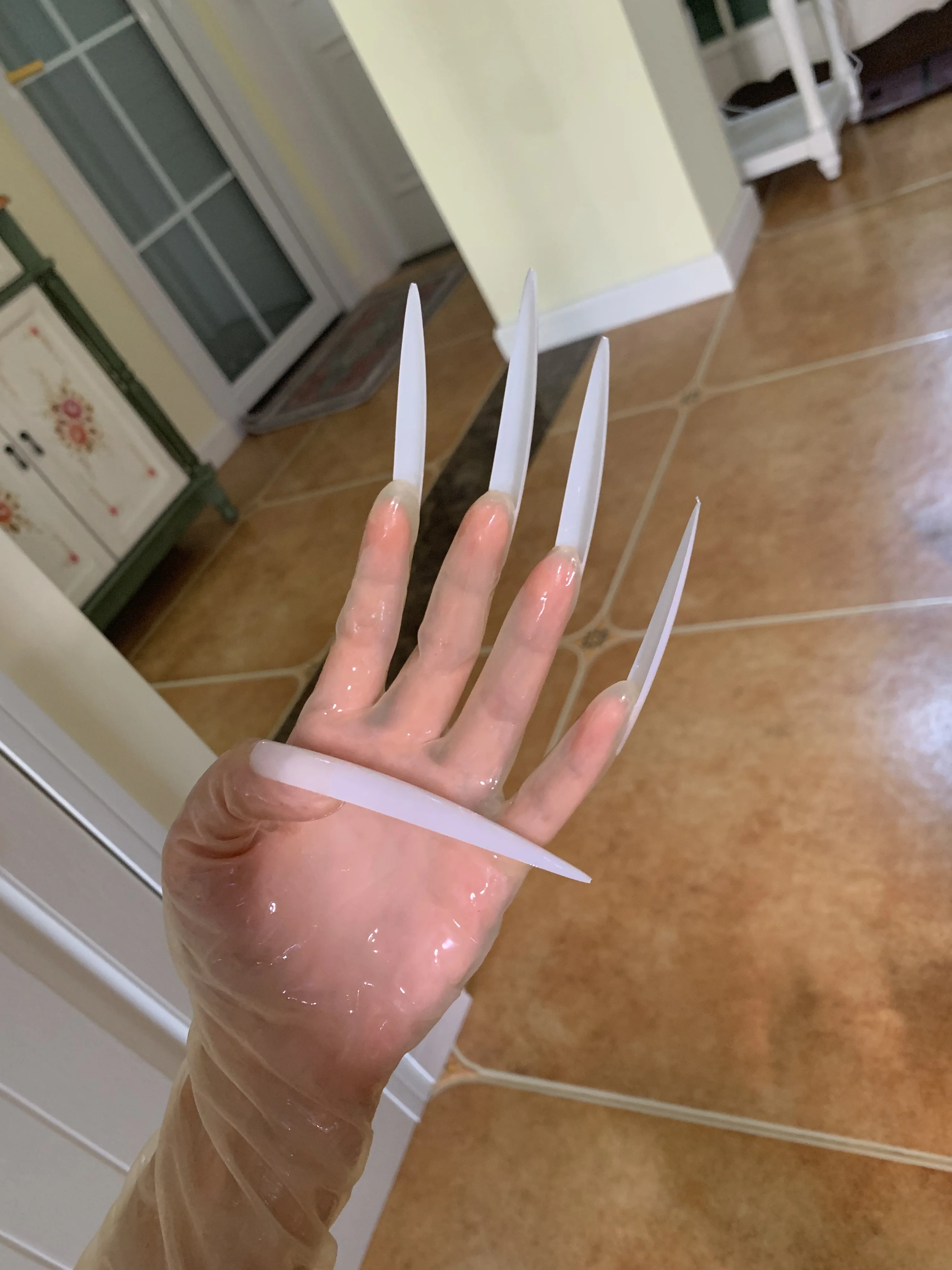 Crossdress Drag Queen aceite brillante transparente superfino látex Cosplay Super largo uñas afiladas fetiche transparente Cosplay guantes Kigurumi