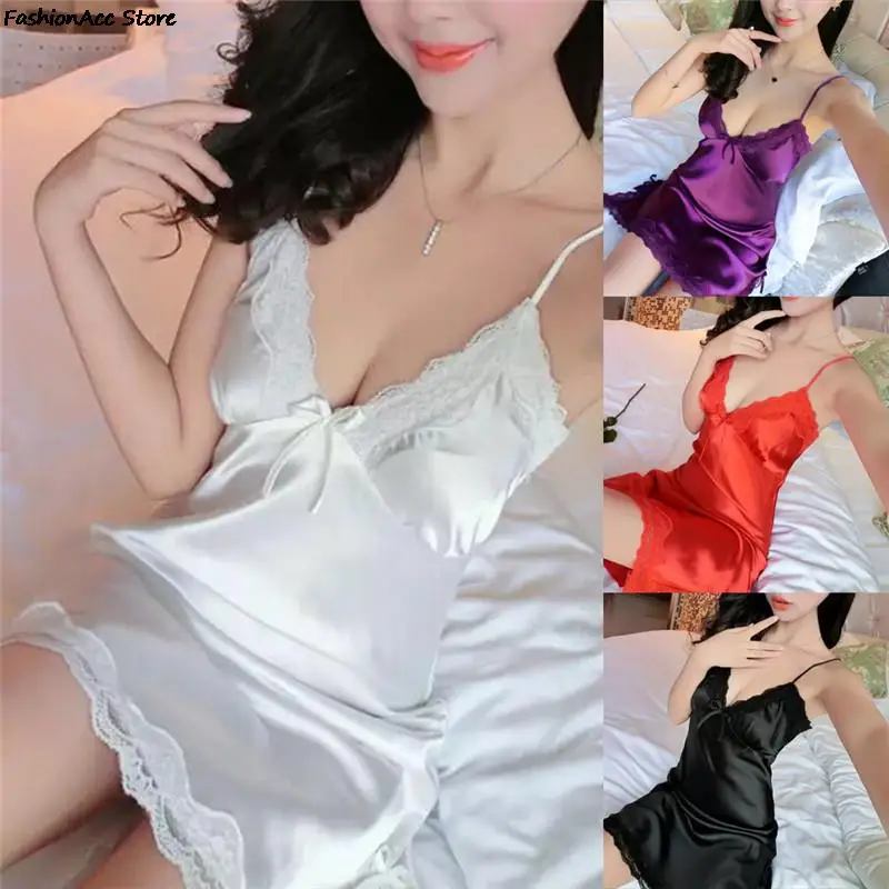 เซ็กซี่ Nightdress Deep V ลูกไม้ชุดนอนชุดชั้นในสตรีผ้าไหมซาติน Nightie Nightgown แขนกุดสลิงชุดนอนชุด