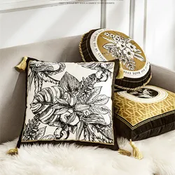 Vintage Velvet Cushion Cover,Floral Print with Heavy Tassel,Black and Gold Series,American Style,Luxury Pillow Cases,Home
