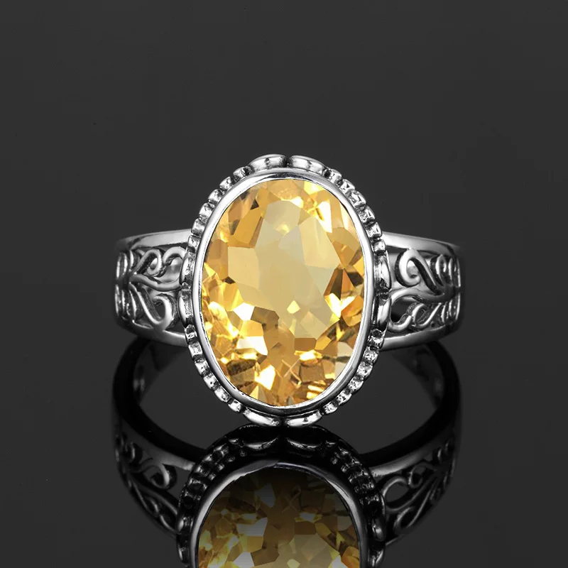 Gelber Citrin-Ring für Damen, Silber 925 Sterling, Herren-Edelsteinringe, Oval, Bohemian, Handgefertigter Damenschmuck, Brautsets im Angebot – Detail 2