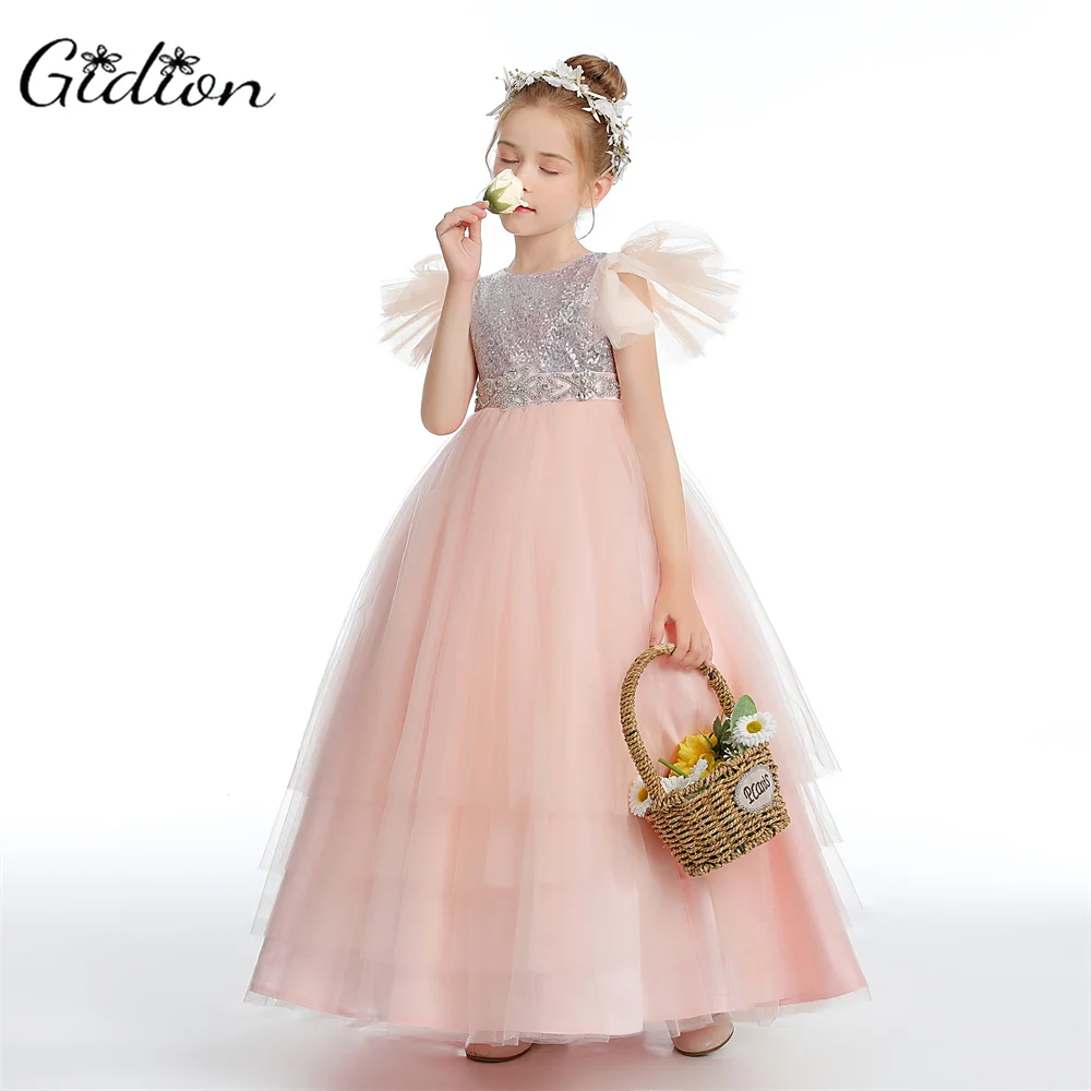 Peal Pink Ruffles Flower Girls Dresses for Weddings Party Kids Baby Birthday Gowns Little Princess Pageant Gowns Tiered Skirts