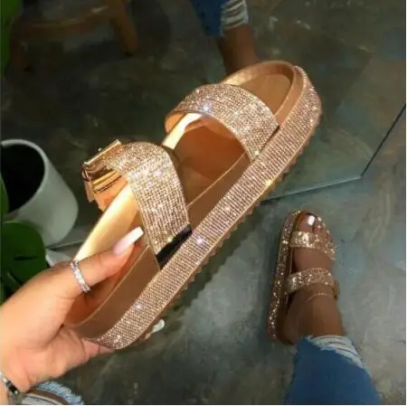 summer new  women double-layer rhinestone platform waterproof platform flat bottom non-slip durable beach slippers outdoor ms