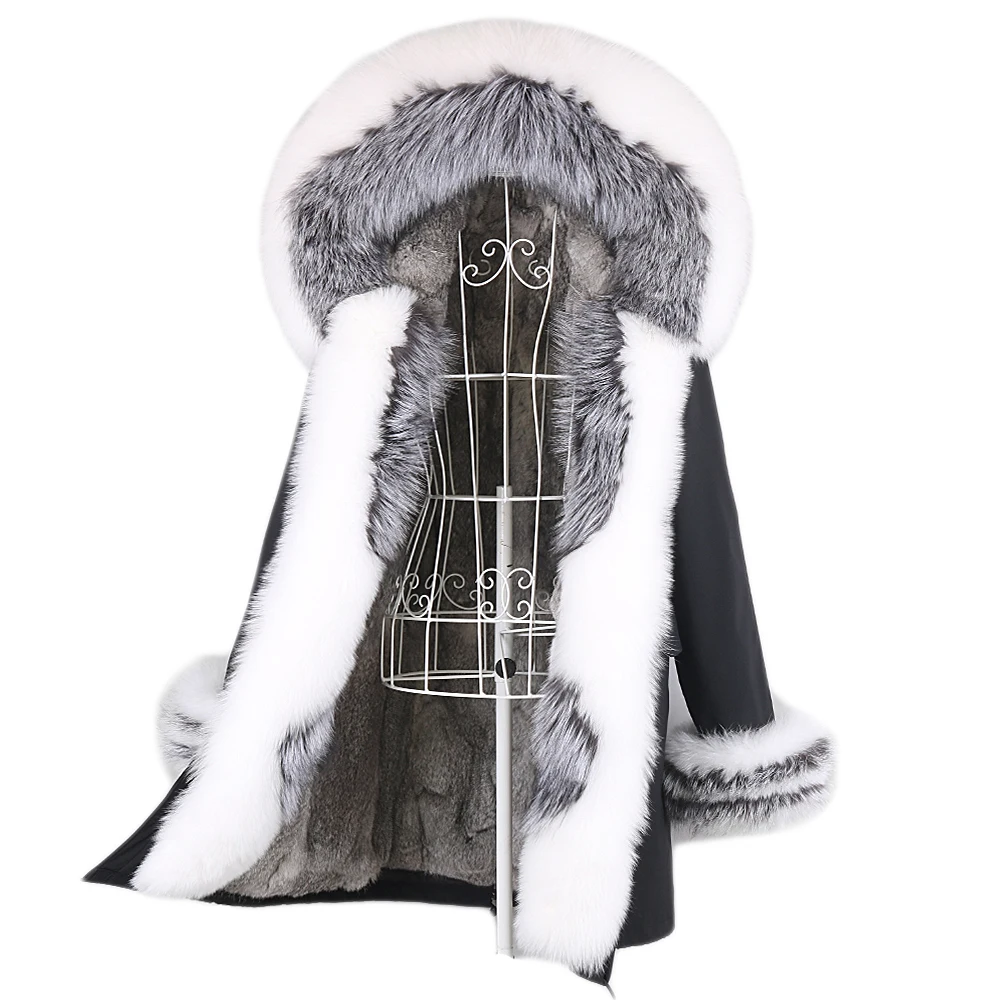 Waterproof Parka Long Winter Jacket Women Real Rabbit Fur Coat Natural Raccoon Fur Collar Color Mix Real Rex Rabbit Fur Liner