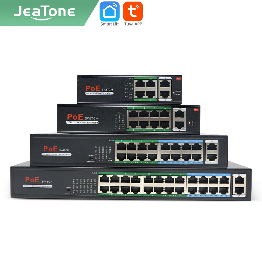 Jeatone 250m 4/8/16/24+2-port Extend Ethernet Splitter Switch with 8-Ports PoE+2-Uplink 10/100Mbps for IP camera/ Video intercom