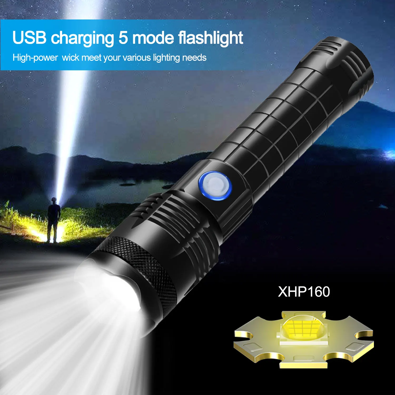 

50W Powerful XHP160 LED Flashlight Zoomable USB Charging Torch 5 Mode IPX4 Waterproof Tactical Flashlight Lantern Camping Light