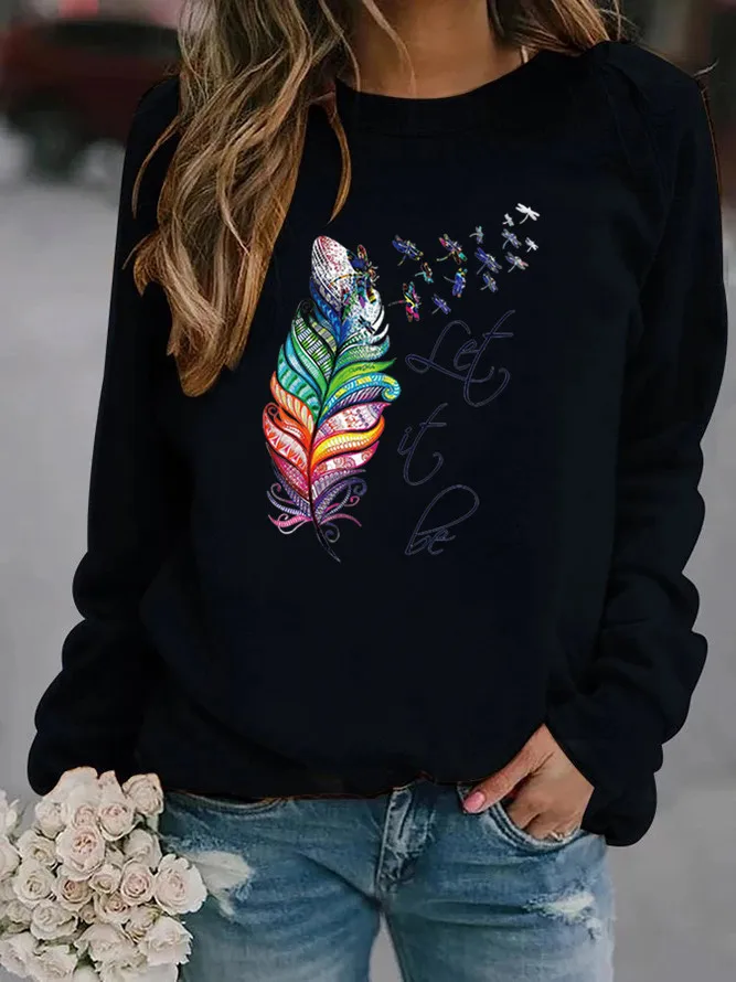 Feather Let It Be Printed Hoodies Women Fleece Long Sleeve O Neck Loose Sweatshirt Girls Women Hoodie Pullovers   Winter