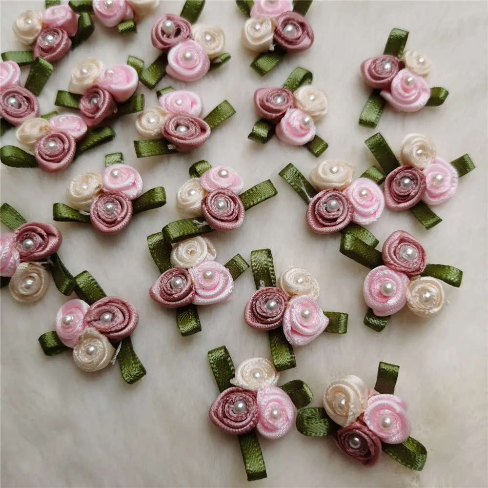 Mini Artificial Color Flowers Pearl Make Satin Ribbon Roses Appliques Handmade Crafts For Wedding Party Decoration Accessories