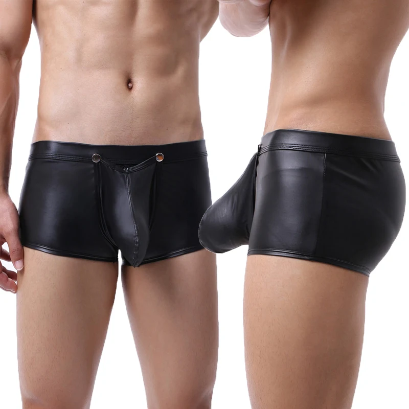 

Men Boxer Shorts PU Leather Bugle Pouch Open Crotch Underwear Trunks Calzoncillos Hombre Boxershorts Erotic Wetlook Gay Panties