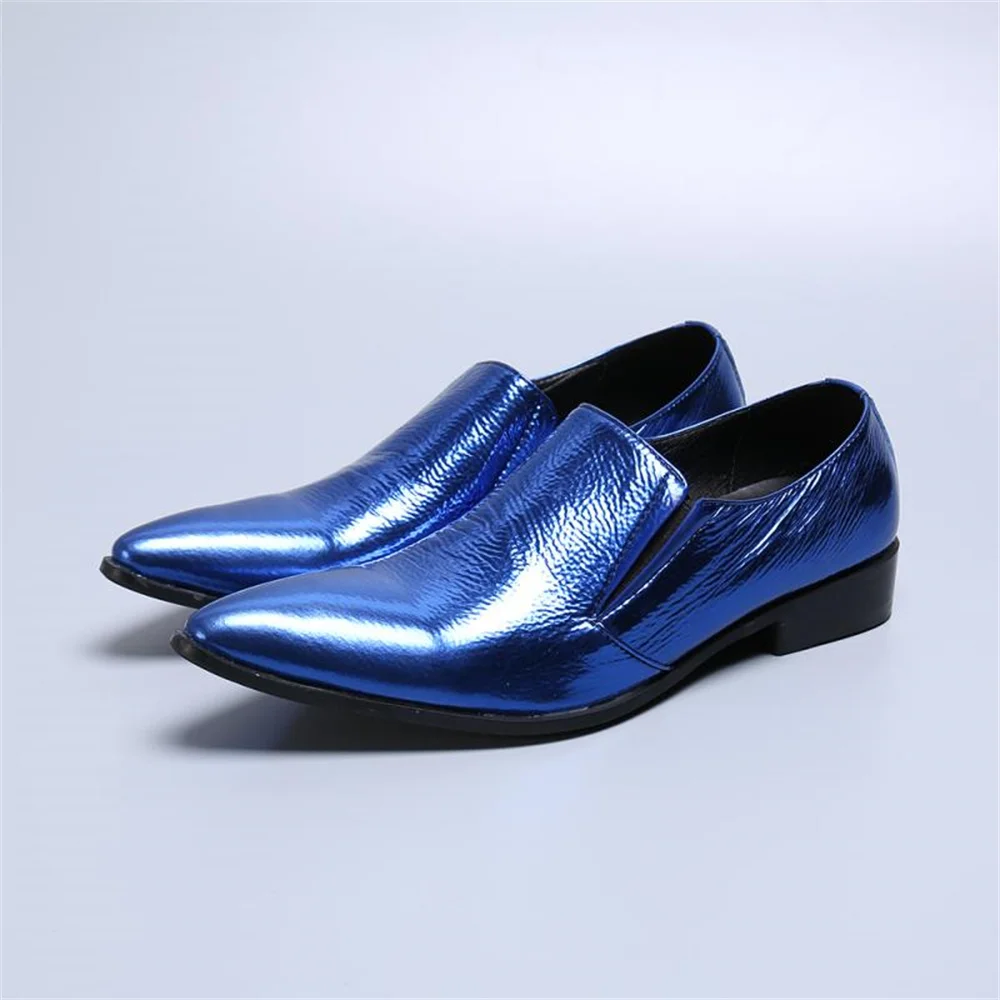 Men Patent Leather British Style Business Dress Shoes Blue Pointed Toe Slip-on Flats