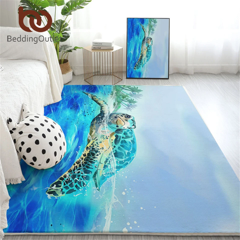 

BeddingOutlet Turtle Large Carpets for Living Room Watercolor Blue Soft Floor Mat Marine Sea Animal Tortoise Alfombra 152x244cm