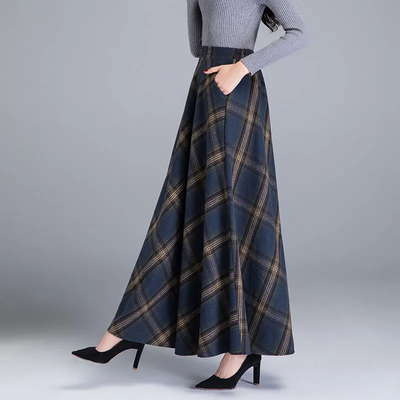 Mom-faldas largas de lana a cuadros para mujer, ropa de calle informal de cintura alta, 3XL, otoño e invierno, 2022
