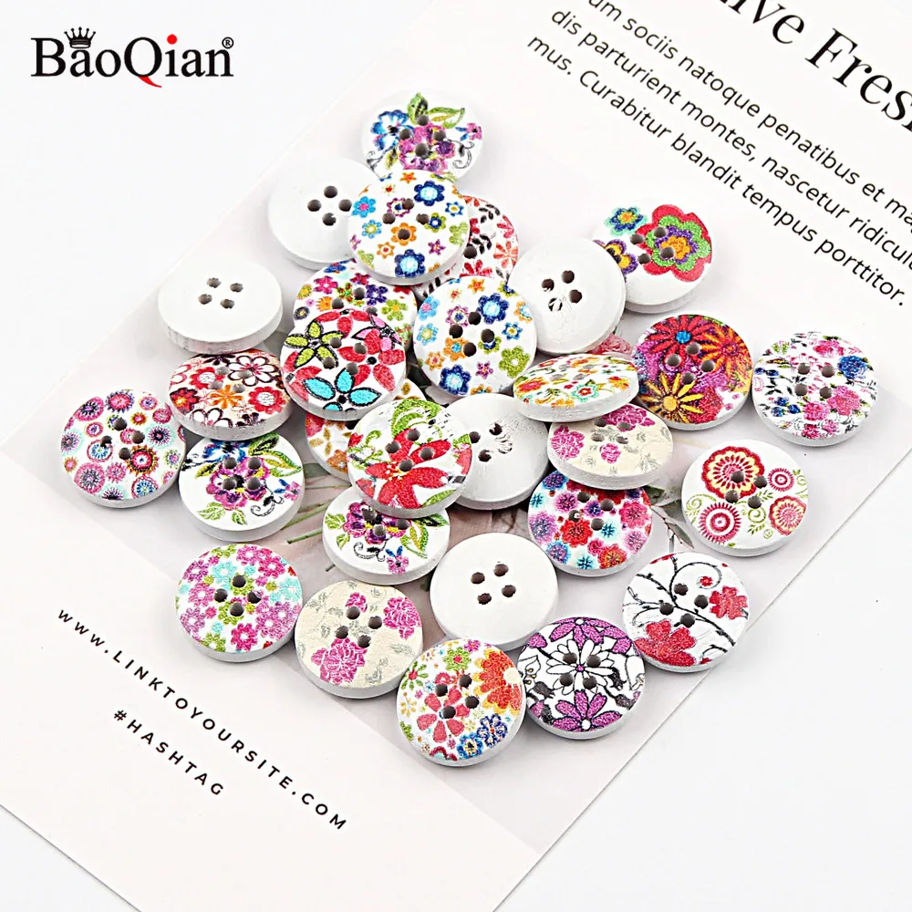 50Pcs 15mm Mixed Flower Painted Wooden Buttons For Clothing Scrapbooking Buttons Crafts DIY Needlework Sewing Accessories