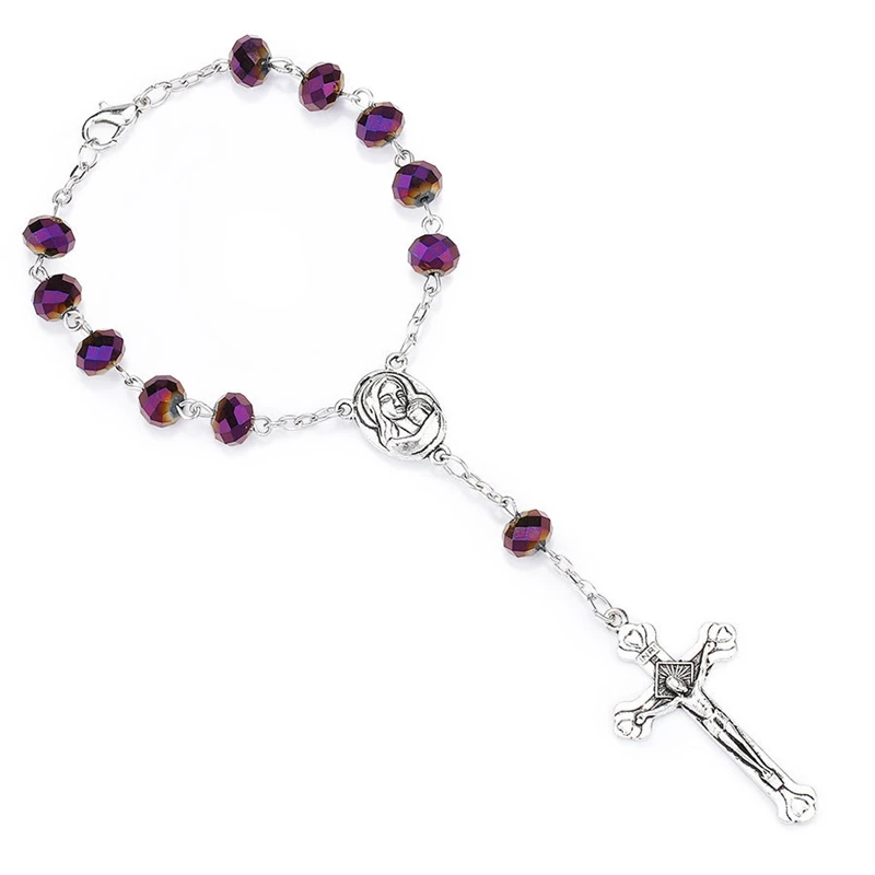 QIGO Blue Crystal Rosary Bracelet Cross Women Catholic Jewelry Gifts