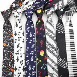 Classic Fashion Men's Skinny Tie Colorful Musical Notes Printed Piano Guitar Polyester 5cm Width Necktie Party Gift Accessory