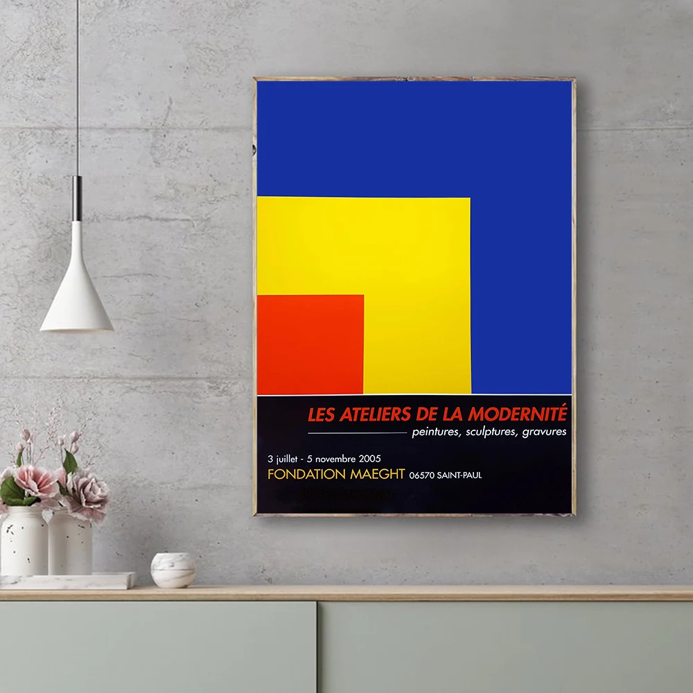 ملصقات فنية لمعرض علبة مخطط باللونين الأسود والأحمر والأصفر من Ellsworth Kelly، جدران تجريدية عتيقة مطبوعة آرت ديكو