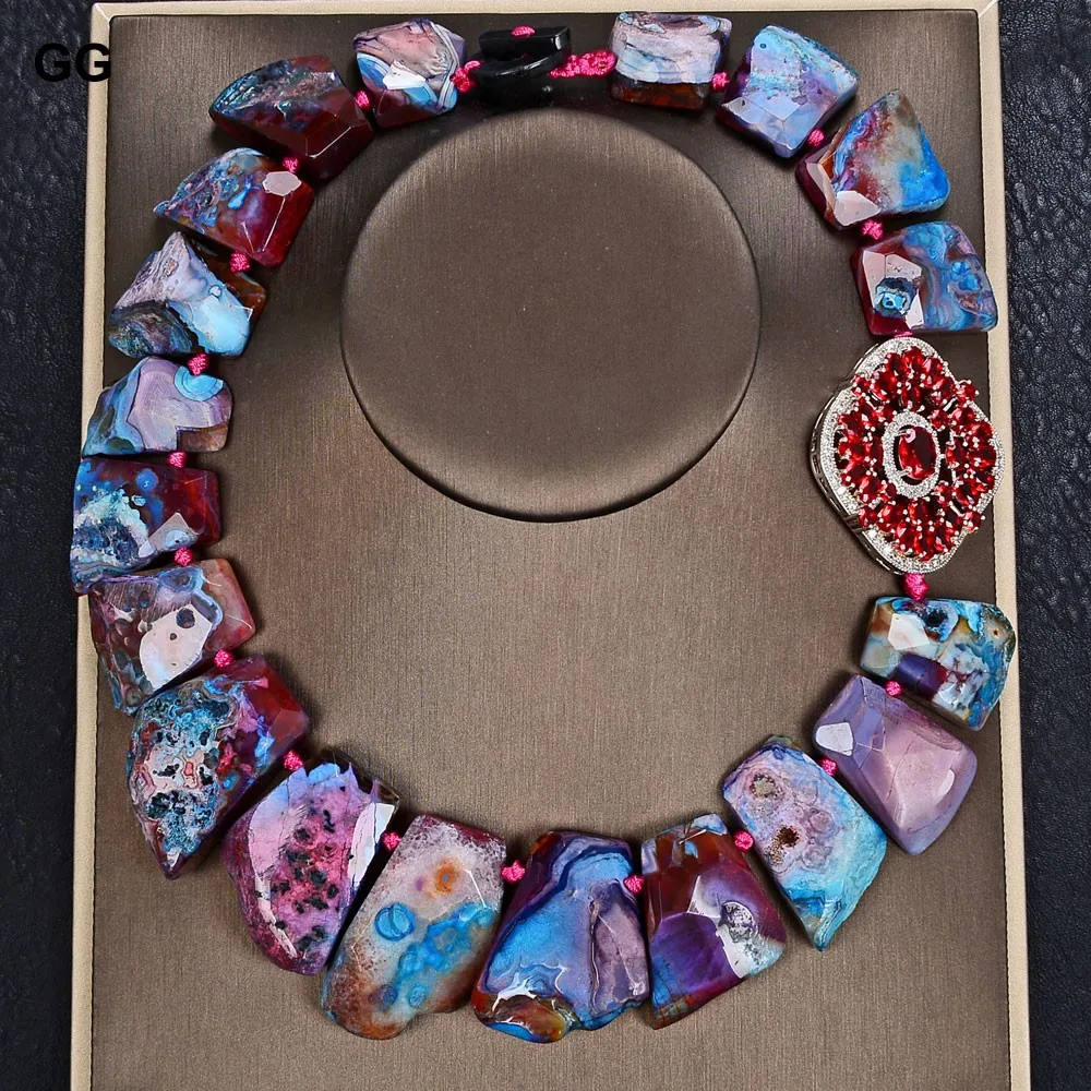 

G-G 19" Top-Drilled Natural Red Agates Red CZ Flower Pave Onyx Clasp Necklace For Women