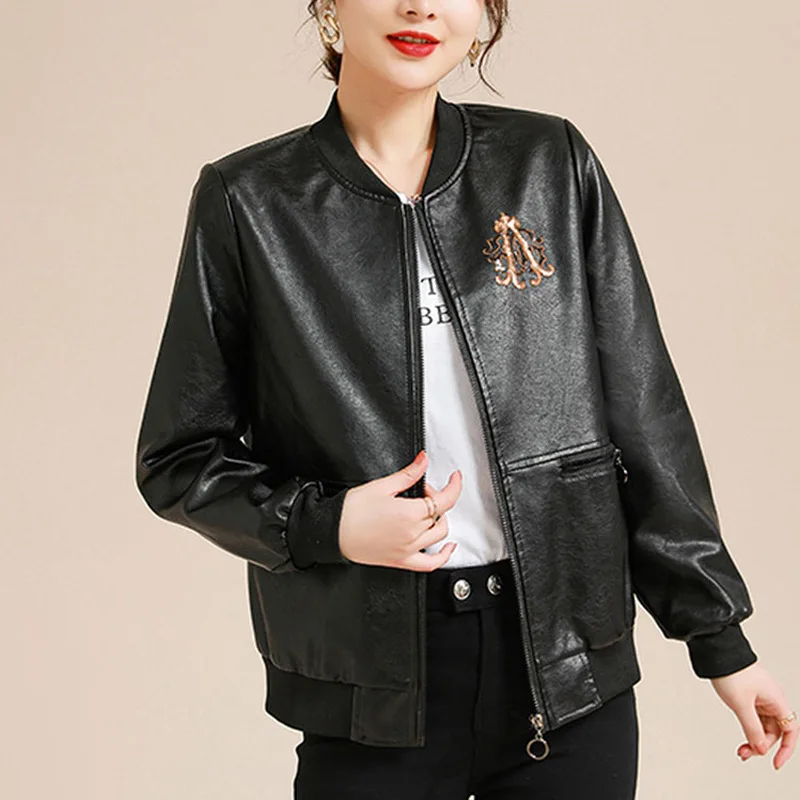 (made by yihaodi) 2021 NEW Embroidered Black Leather Jacket Women's long sleeve zipper one line collar versatile fashion imitati