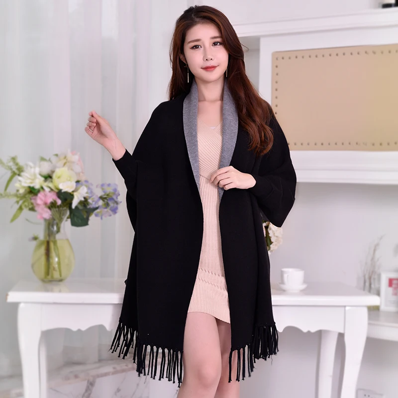 Winter Black Poncho Women with Sleeve Blanket Shawl Wraps Pashmina Navy Red Thicken Stoles Warm Reversible Vintage Ponchos Capes