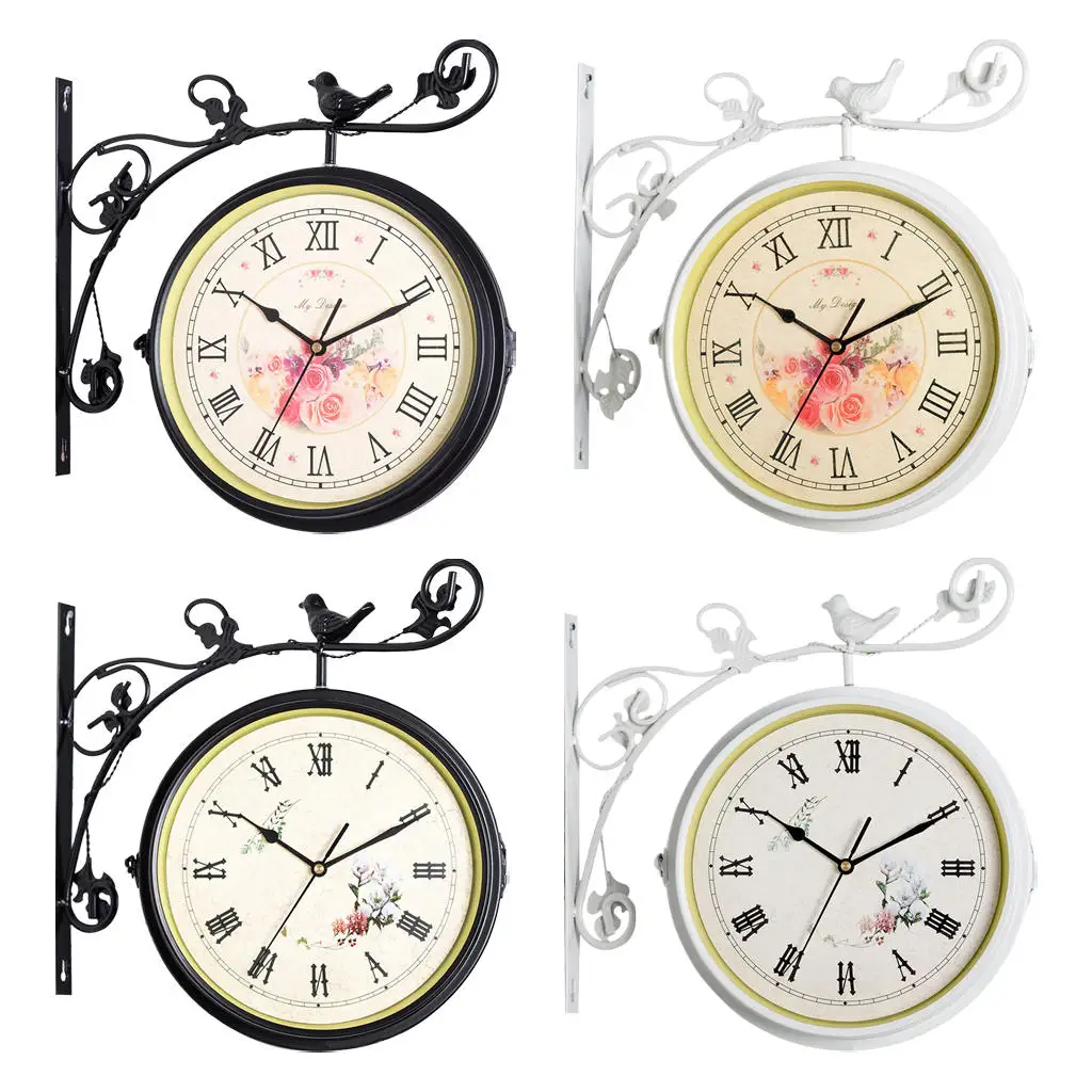 Iron Double Sided Retro Round Quiet Wall Hanging Clock Hotel Bar Garden Décor