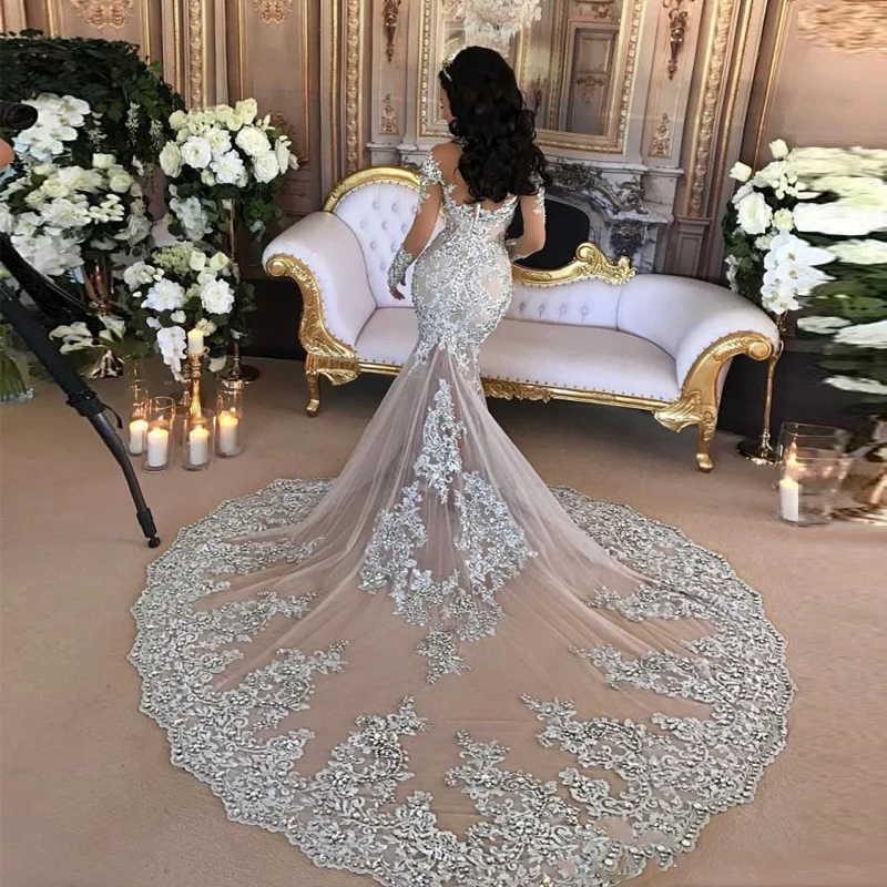 Vintage Silver Lace Mermaid Muslim Wedding Dress with Long Sleeves High Neck Saudi Arabia Bridal Gowns Dubai African Bride Dress