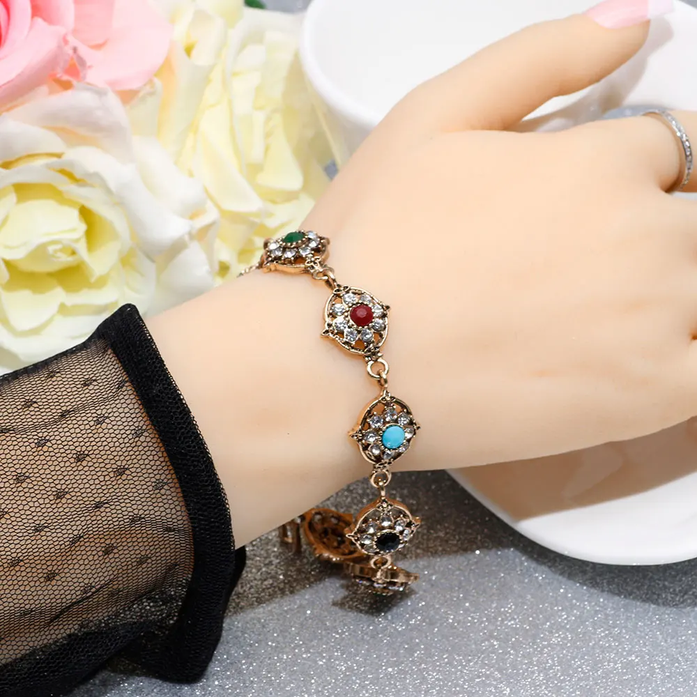 SUNSPICEMS  Indain Retro Gold Color Wedding Bracelet For Women Rhinestone Resin Wrist Chain Turkish Ladies Festival Jewelry Gift