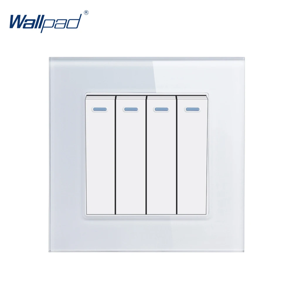 4 Gang 2 Way Wallpad White Tempered Glass Panel 110V-250V 2 Switches Control 4 Lamps Push On Off Electrical Switch Panel Button