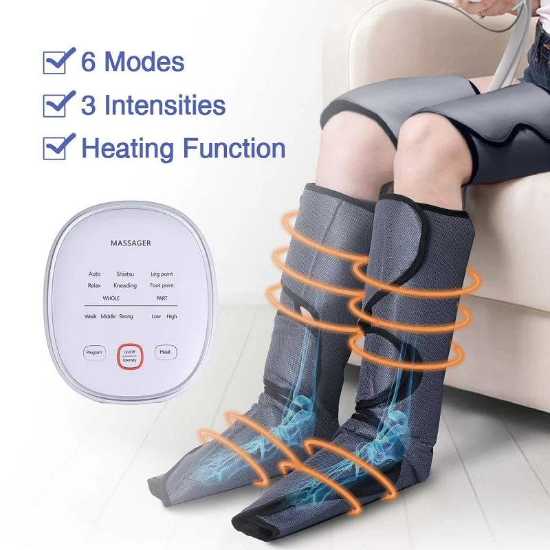 New Air Pressure Leg Massager Heated For Foot and Calf Thigh Circulation with Handheld Controller 2 Modes 3 Intensities