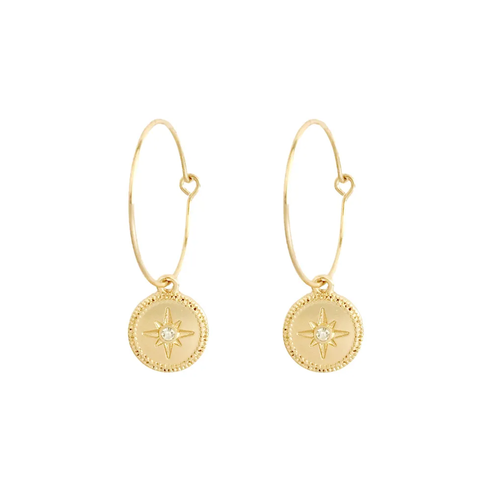 Chic Earrings Gold Color Plating Round Disc with Clear Stone In Center Charm Basic Girl Daily School Decoration Jewelry