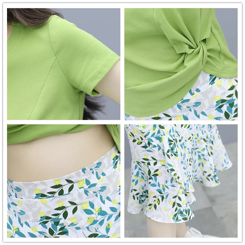 2024 Summer Korean Fashion T-shirt Skirt Set Women Graceful Print Dress Short Tops Outfits Girls Students Casual Sweet Clothing