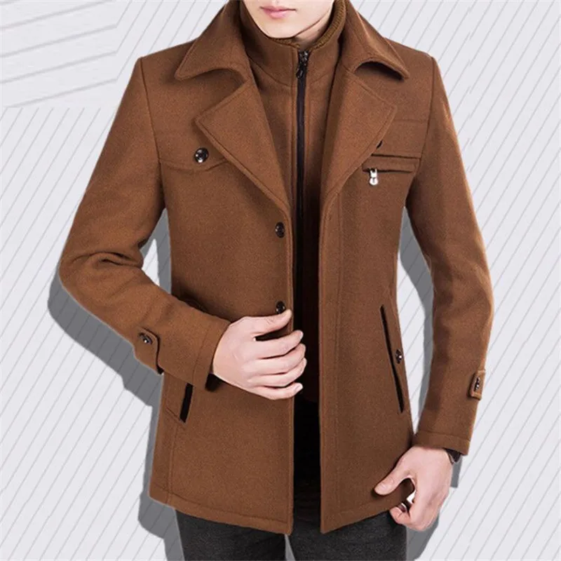 2019 new men's autumn and winter coat men's medium and long woolen jacket men's Mock Neck slim plus cotton thickened coat