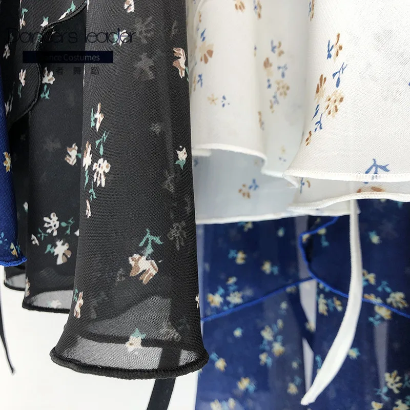 Traje de balé collant para prática feminina vestido floral impressão malha transparente ginástica collant vestido de desempenho