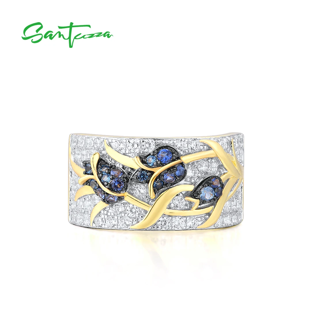 SANTUZZA Genuine 925 Sterling Silver Rings For Women Sparkling Blue Spinels White CZ Tulip Flower Gold Color Ring Fine Jewelry