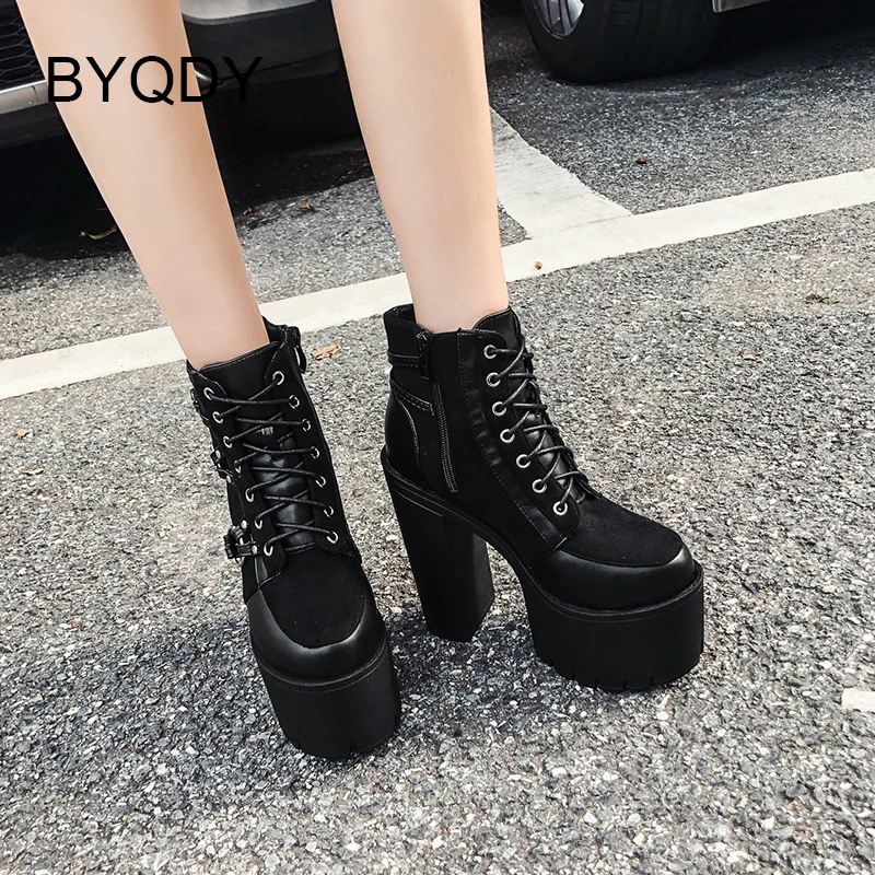 BYQDY 2021 Autumn Winter News Gothic Ankle Boots For Women Solid Black Lace-Up Rivets Designs Round Buckles Flock Short Boots