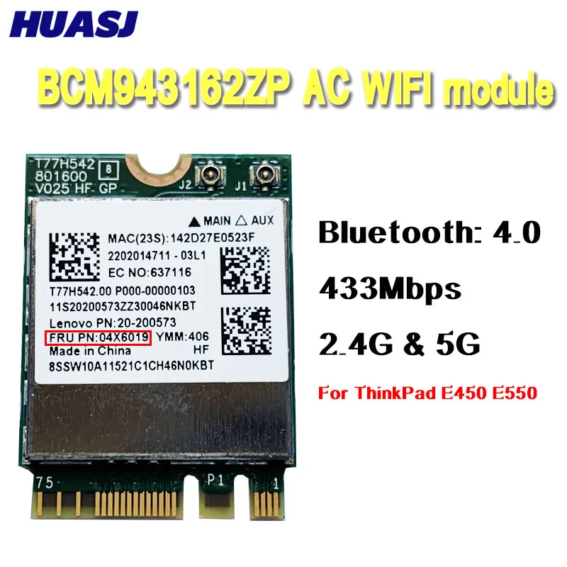 Huasj-placa de notebook sem fio, dual band, ac 2.4g/5g, wi-fi, bt 4.0 ngff 802.11ac, para thinkpad e450 e550 fru: 04x6019