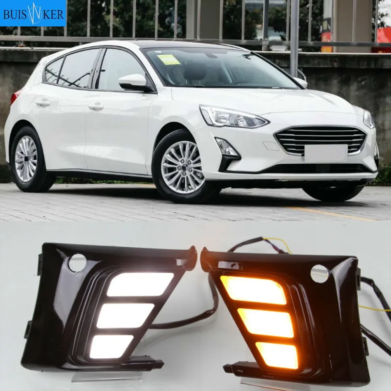 

For Ford Focus 2019 Daytime Running Light for Focus DRL LED Fog Lamp Cover With Yellow Turning Signal Functions