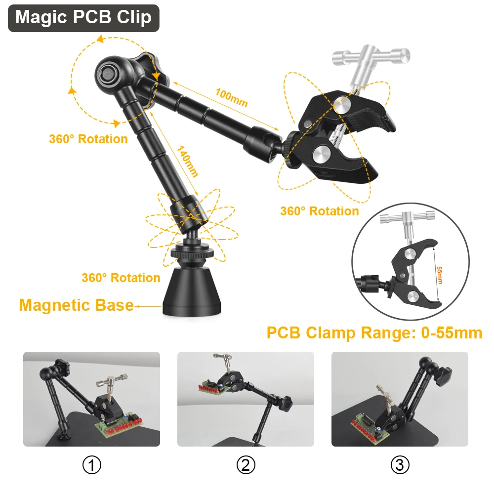 Toolour Magnetic Helping Hands Soldering Third Hand PCB Circuit Board Holder with 3X LED Magnifying Lamp 360° Hot Air Gun Holder