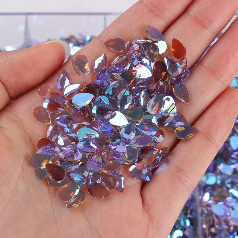 30Pcs Nail Art Rhinestones Holo Flat Shaped Elongated Teardrop Rectangle Phantom Purple Stones For 3D Nails Decorations