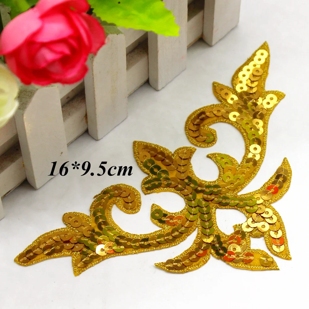 1 Piece Sequined Patches Iron on Cosplay Costumes For Dress Gold Embroidery Trims 16cm*9.5cm