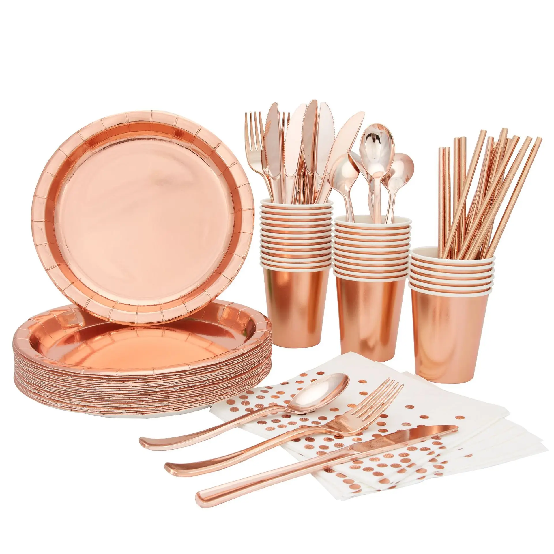 125pcs/set Rose Gold Party Disposable Tableware Set Rose Gold Cup Plates Straws Adult Birthday Party Decor Bridal Shower Supplie