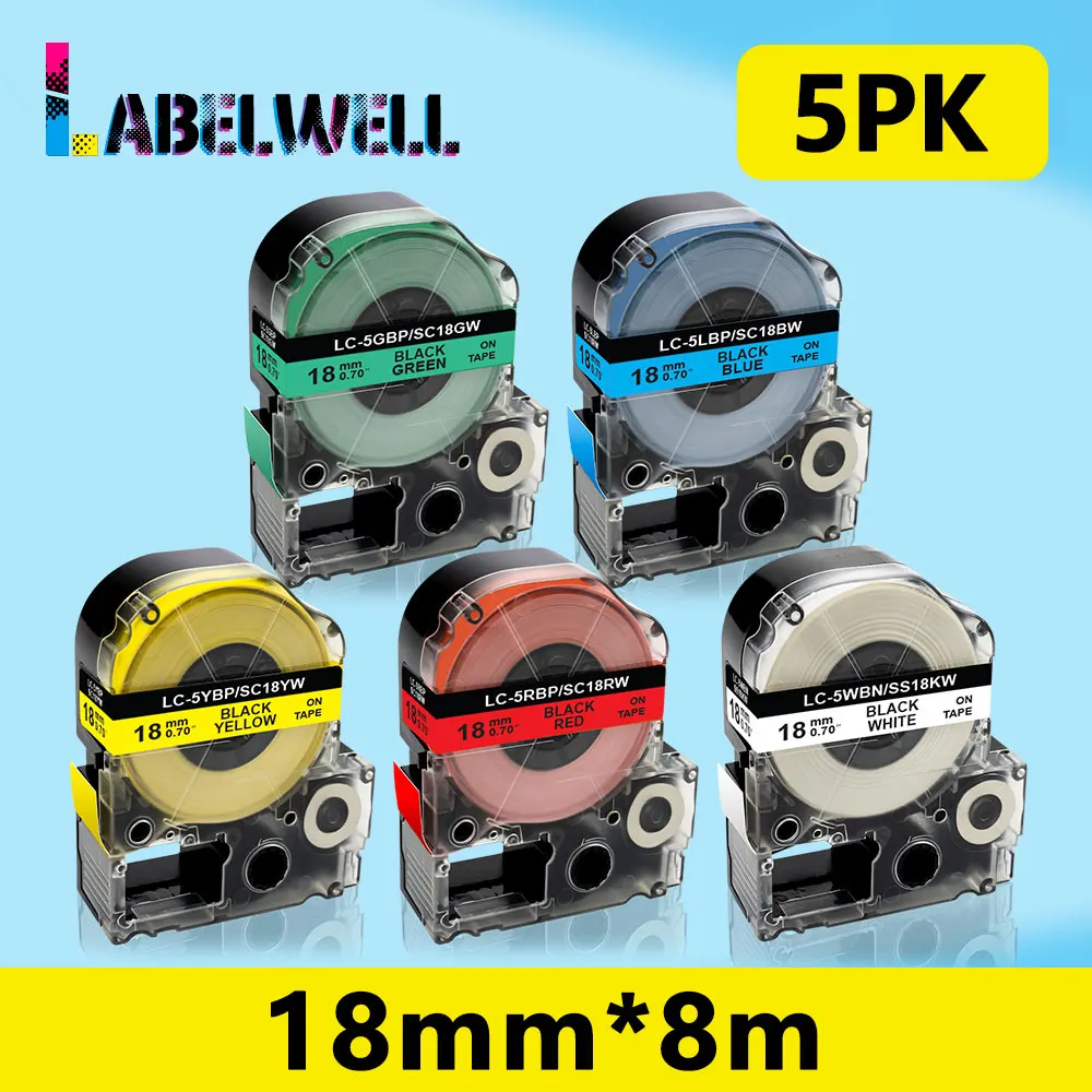 Labelwell 5PK SS18KW LC-5WBN 18mm Label Tapes compatible for Epson/KingJim Label Cassette SC18RW SC18BW SC18YW SC18GW for LW-400