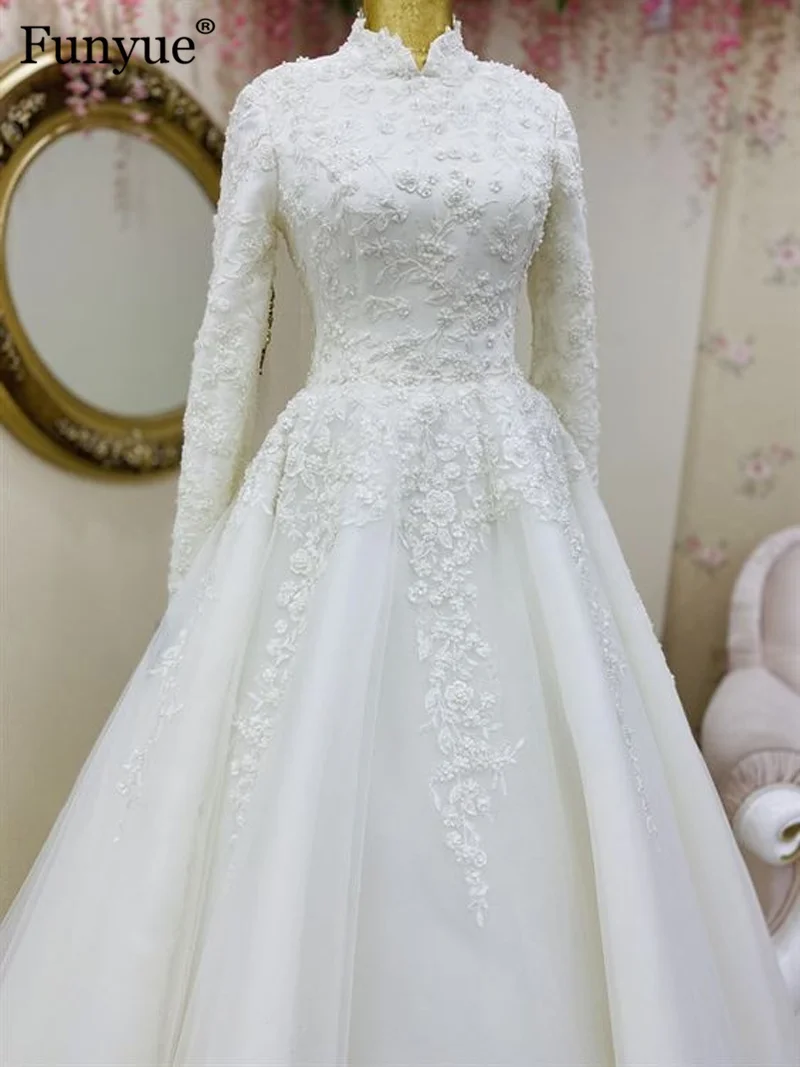 Robe de Mariée Musulmane en Ivoire à Manches sulf, Tenue Élégante en Tulle et Dentelle Blanche, Style Islamique de Dubaï