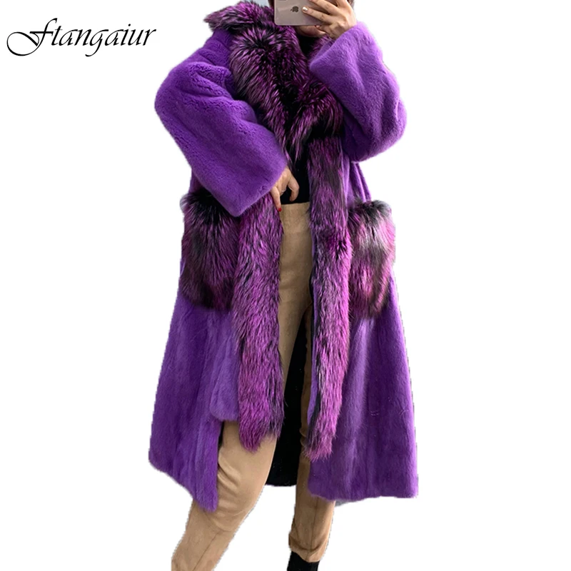 

Ftangaiur New Winter Imported Velvet Mink Fur Coat Full Sleeve Light Color Loss Mink Coat Women X-Long Real Mink Fur Coats