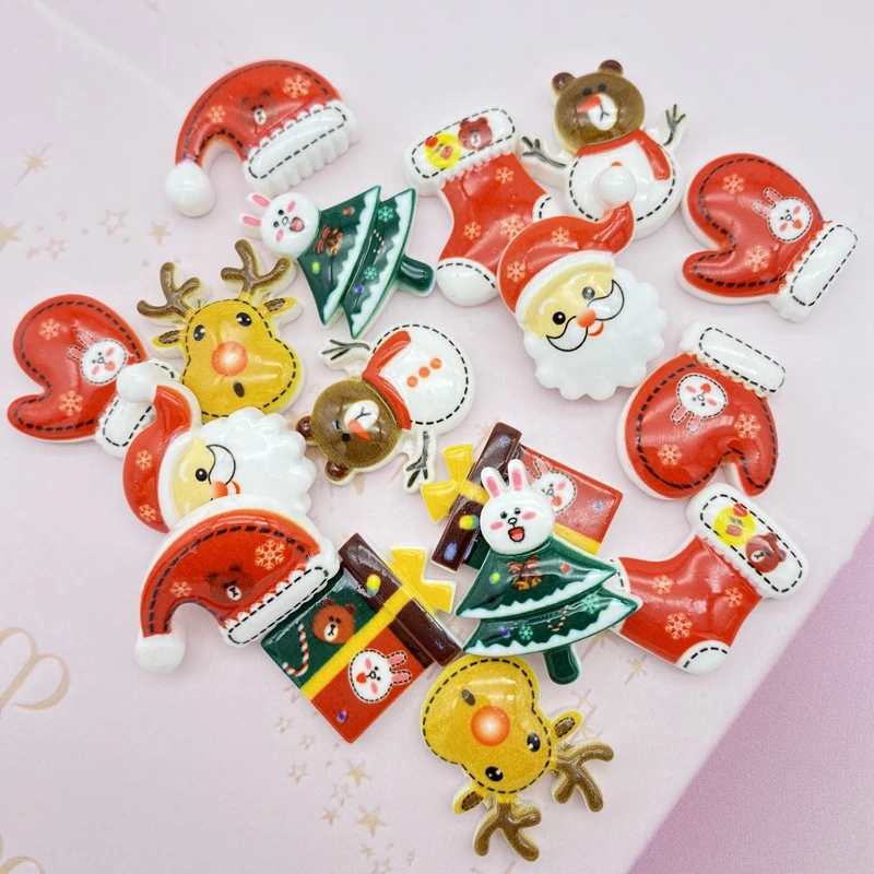16Pcs Nuovo Modello Resine Miste Serie Natalizia Flatback Cabochon Kawaii Fai Da Te Scrapbook Capelli Archi Centro F61