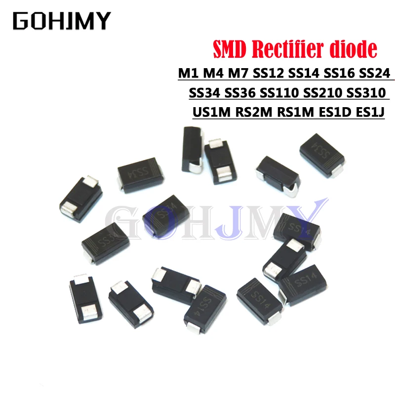 100 sztuk dioda prostownicza M1 M4 M7 SS12 SS14 SS16 SS24 SS34 SS36 SS110 SS210 SS310 US1M RS2M RS1M ES1D ES1J DO-214AC Schottkydiodes