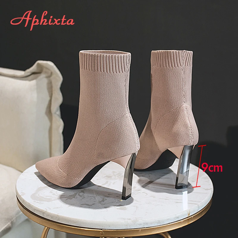 Aphixta Metal Blade Heels Socks Boots Women Stretch Fabric Elastic Stilettos Heel Pointed Toe Ankle Boots Shoes Woman Boats